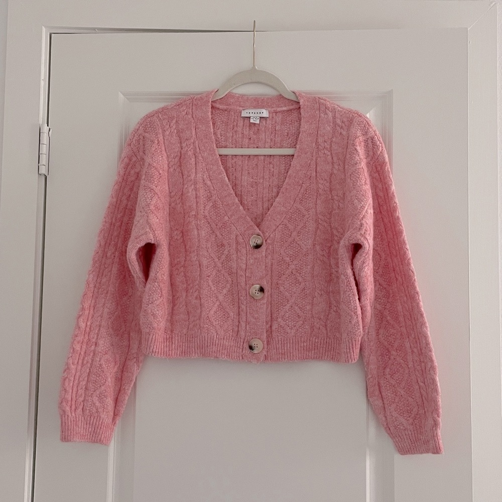Topshop Vneck Sweater Cable Knit Cardigan Pink Marl Button Up Preppy Crop